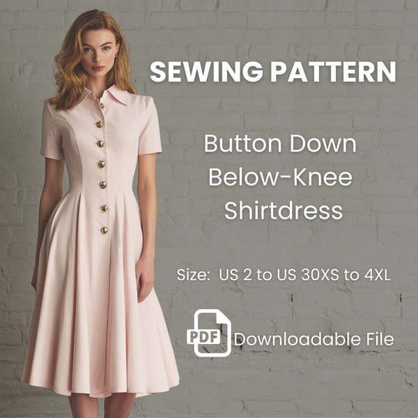 Button Down Below Knee Shirtdress, Sewing Pattern PDF File